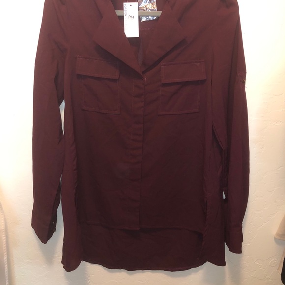 Burgundy Chiffon Button Down Shirt - Picture 3 of 5